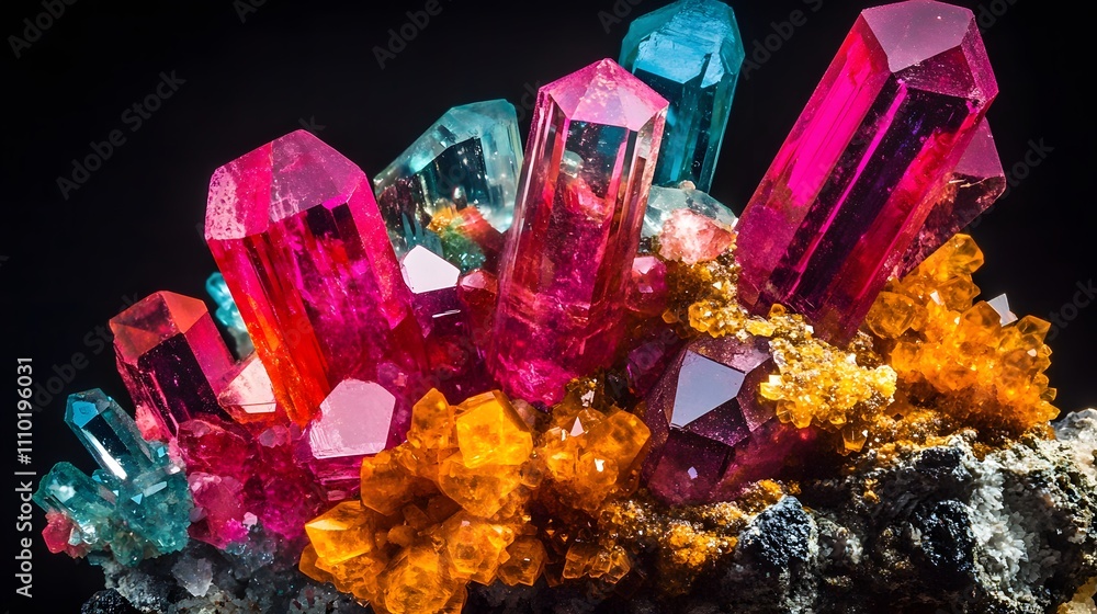 Poster vibrant crystals reflecting light create a stunning display of color and texture in the mineral coll