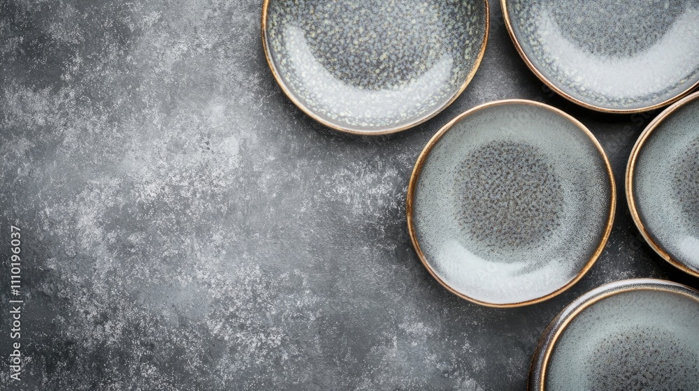 Poster handmade gray ceramic plates on textured gray background empty space for text top view flat lay sele