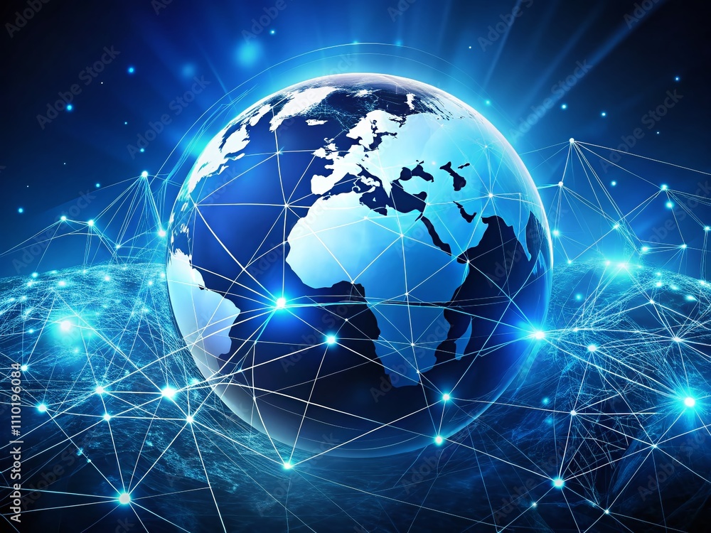 Poster a minimalist representation of a blue digital globe network, showcasing global connectivity through 