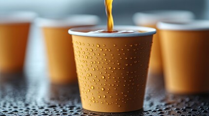 Refreshing orange paper cups with droplets filled with beverage on a surface, ideal for promotional and advertising purposes.