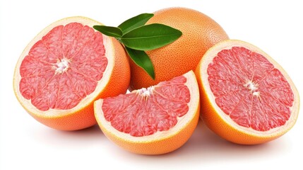 Fresh pink grapefruit halves and whole fruit with green leaves showcasing vibrant color and juicy texture on a clean white background.