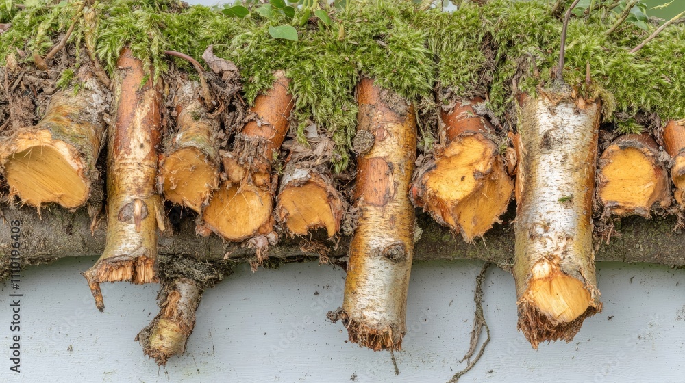 Poster cut tree branches showing marks and textures on a moss-covered log in a natural setting