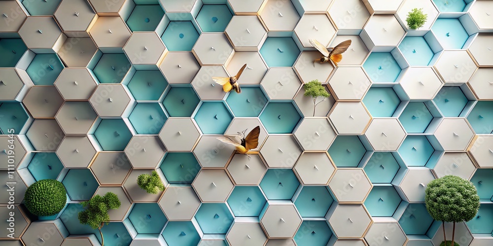 Poster a modern 3d background featuring hexagonal shapes in a minimalist composition, ideal for creative pr