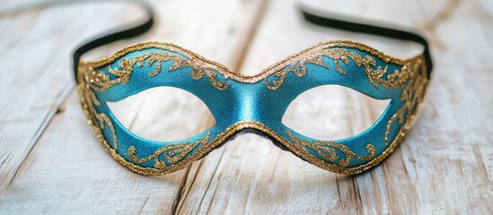 Elegant blue masquerade mask with intricate gold detailing on a rustic wooden background for mystery and incognito themes.