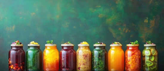 Vibrant jars of traditional Asian jams and preserved fruits for Tet holiday and Lunar New Year celebration against a green background
