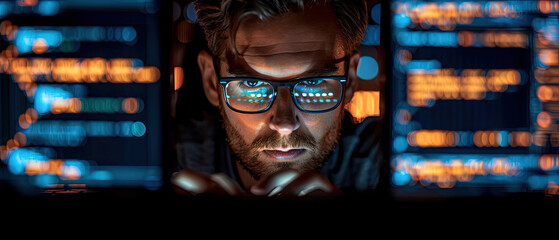 Focused professional working on coding tasks in a dimly lit tech environment during nighttime
