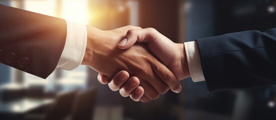 Business handshake signifying partnership agreement during a professional meeting showcasing collaboration and teamwork in a corporate setting.