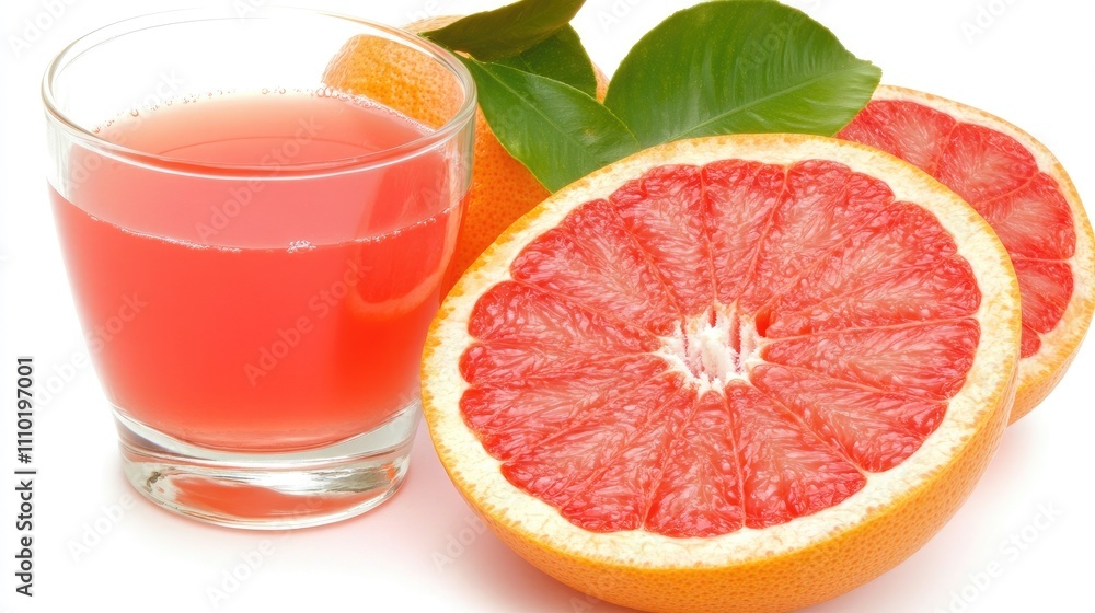 Poster refreshing grapefruit juice in a glass with fresh orange slice and green leaves on a light backdrop 