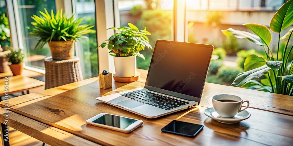 Poster a modern workspace featuring a laptop and smartphone on a stylish table with natural light enhancing