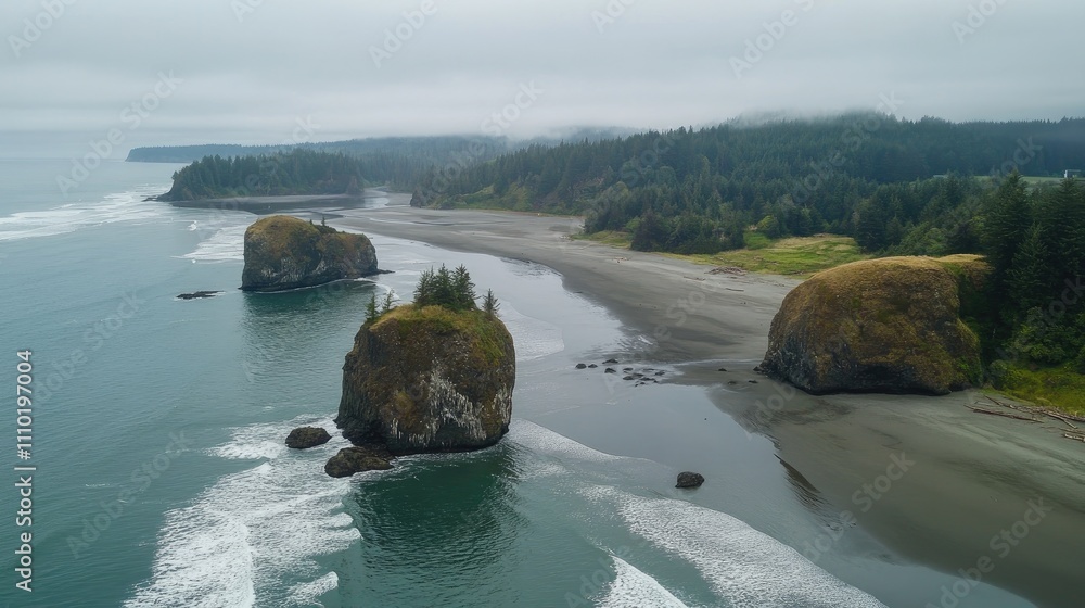 Poster aerial view of quinault rainforest coastal landscape with unique rock formations and tranquil ocean 