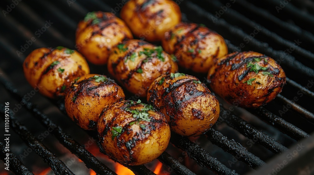 Poster grilled potatoes with charred and herbed texture on a barbecue grill ð´ðµð»ð°ñ for summer cookouts
