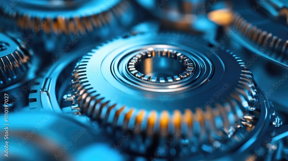 Poster high-detail close-up of gleaming metallic gears with a blue hue in an industrial setting representin