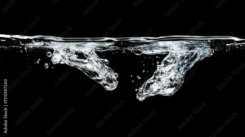 Poster water droplets colliding and creating splashes in a dark background showcasing fluid dynamics and mo