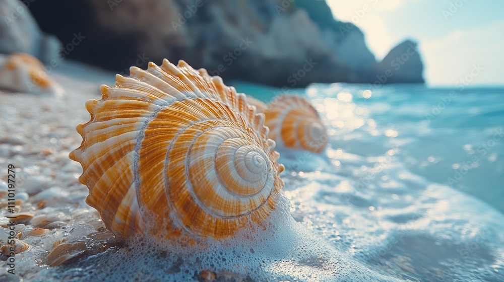 Poster close-up of seashells on the beach with gentle waves washing over them during a sunny day by the coa