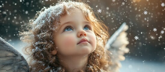 Portrait of a little angel with soft curls gazing upwards, surrounded by gentle snowflakes in a serene winter setting