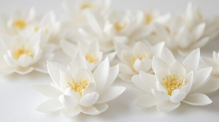 Obraz premium Lotus flowers elegantly arranged on a serene white background showcasing natural beauty and tranquility.