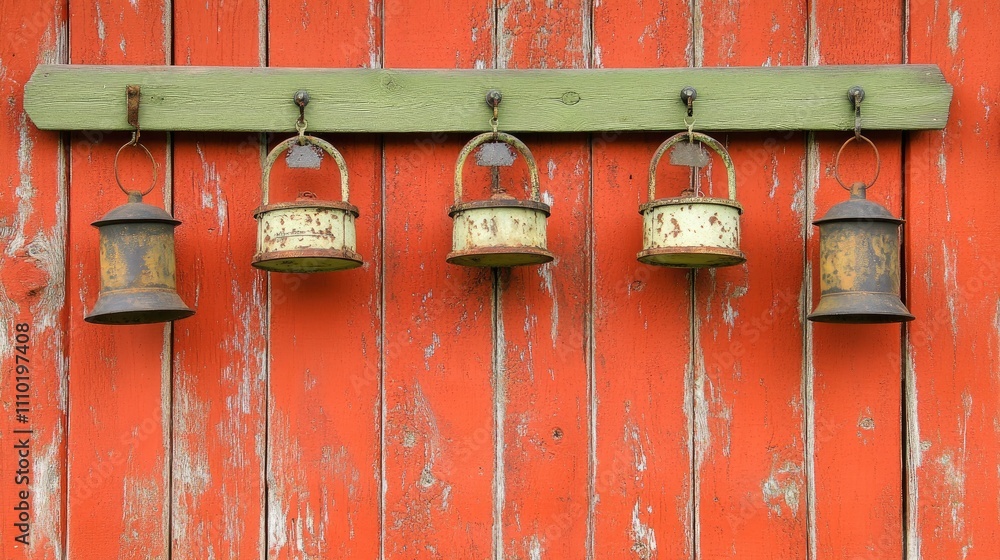 Poster Rustic lanterns with a weathered look displayed on green wooden hooks against a vibrant red barn wall