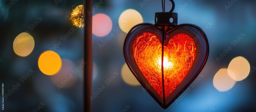Aufkleber Heart-shaped red lantern glowing amidst a colorful bokeh background creating a warm and romantic atmosphere in the darkness.