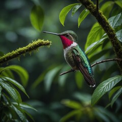 Fototapeta premium A hummingbird perched on a branch surrounded by a lush rainforest canopy.