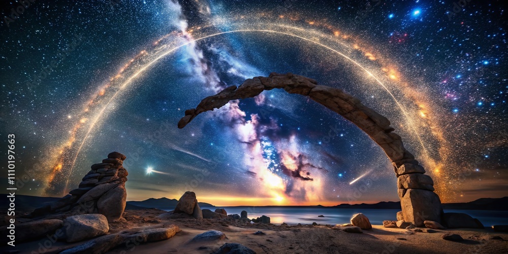 Poster an otherworldly arch of meteorites: a celestial gateway whispering universe secrets, captured in the