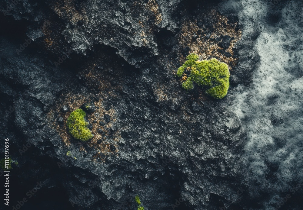 Poster close-up view of dark textured rock surface with green moss growing in natural environment showcasin