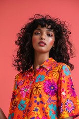 A female model in a casual kurti with a high-low hem and vibrant patterns, against a solid coral pink background, reflecting a playful and trendy everyday style.