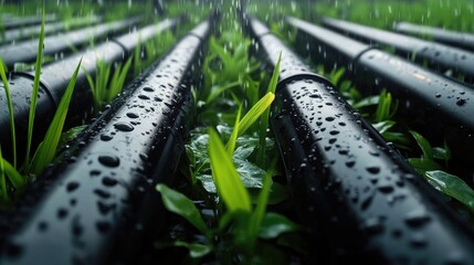 Industrial black plastic pipes with water droplets on grass and leaves creating a lush green perspective in a vibrant landscape setting