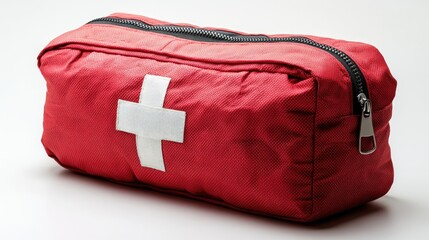 Red first aid kit bag with zipper on a clean white background ideal for health and safety related concepts and emergency preparedness imagery