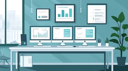 Ai powered financial, Modern Minimalist Office Design Featuring AI Evaluation Screens and Calming Green Tones for a Productive Work Environment