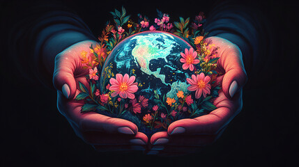 Hands holding a vibrant Earth surrounded by colorful flowers and greenery, symbolizing nature's beauty and care for the planet. Generative AI