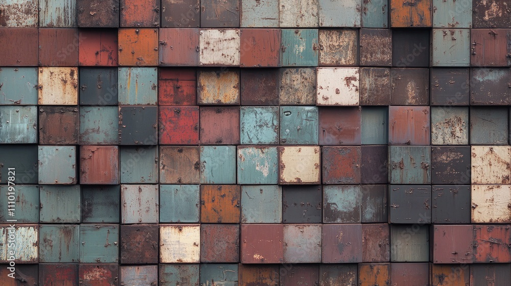 Poster textured rusty metal wall composed of colorful panels with a weathered appearance and industrial sty