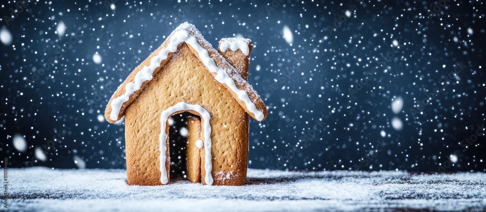 Poster Gingerbread house with uneven frosting and open door surrounded by falling snowflakes on a dark background