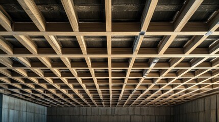 Monolithic ceiling installation process with wooden formwork and reinforcement grid in construction site interior