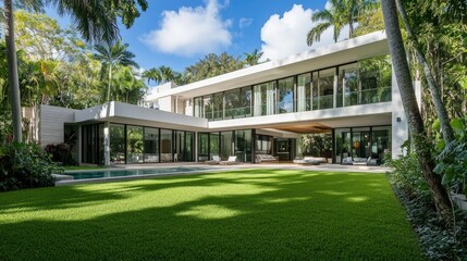 Naklejka premium A modern, spacious L-shaped home featuring a white-gray facade, tall glass windows, and a lush green lawn