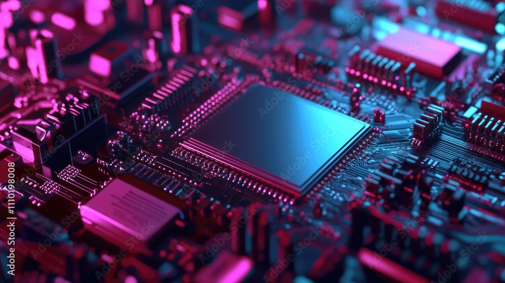 Poster microelectronics manufacturing process close-up of a circuit board with vibrant colors high tech ind