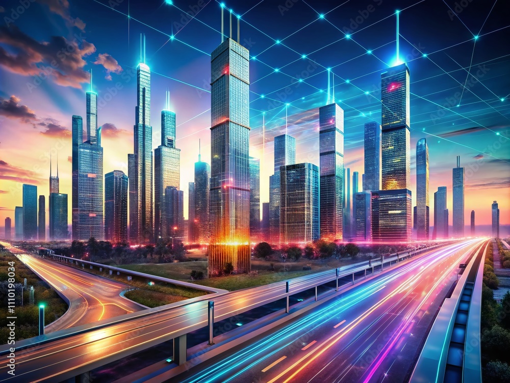 Poster architectural photography of a futuristic cityscape featuring a 3d rendered abstract highway path be