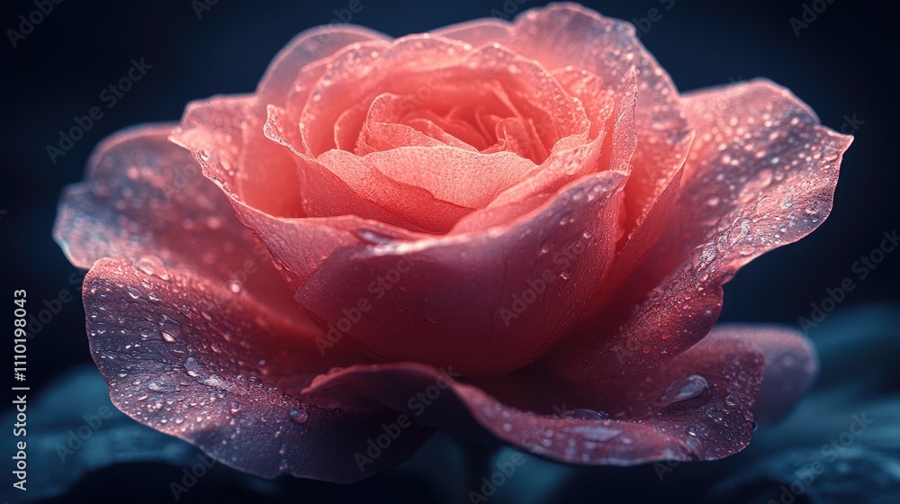 Poster elegant rose flower with dewdrops showcasing intricate petal textures in a moody atmosphere perfect 