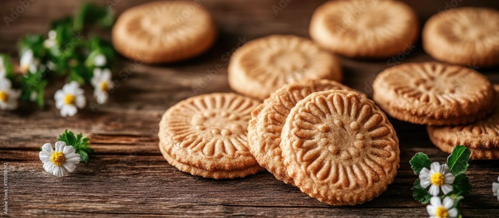 Poster sweet cookies with intricate designs arranged on a rustic wooden table surrounded by fresh flowers a