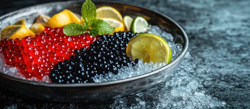 Gourmet platter of red and black caviar served on ice with fresh lemon and lime garnishes showcasing elegant delicacies for food lovers.