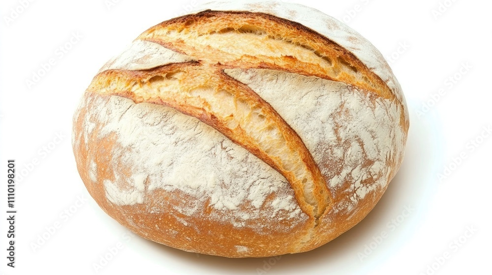 Poster Rustic Round Sourdough Bread Loaf with Scored Crust Shot from Above on White Background