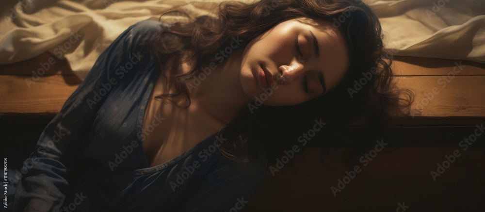 Aufkleber Serene woman resting on the floor with closed eyes in soft light creating a peaceful and introspective atmosphere.