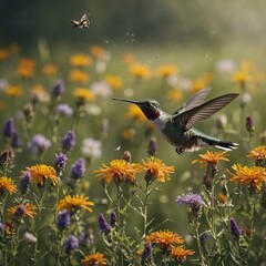 A hummingbird mid-flight over a serene meadow filled with wildflowers and fluttering butterflies.