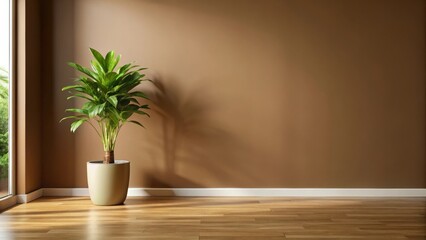 A single potted plant stands against a light brown wall, its leaves reaching towards the sunlight filtering through the window, adding a touch of life to the minimalist interior.