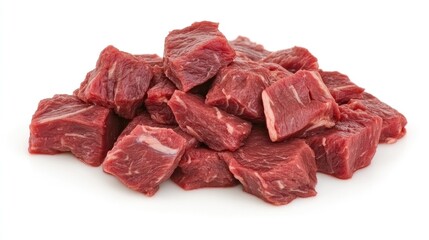Freshly cut raw beef cubes ready for cooking and culinary preparation on a clean white background