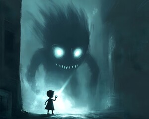 Child with flashlight confronts dark monster in eerie alley at night