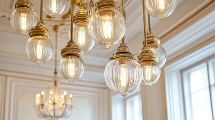 Elegant glass pendant lights illuminating a stylish interior with luxurious ceiling decor and a contemporary design aesthetic.