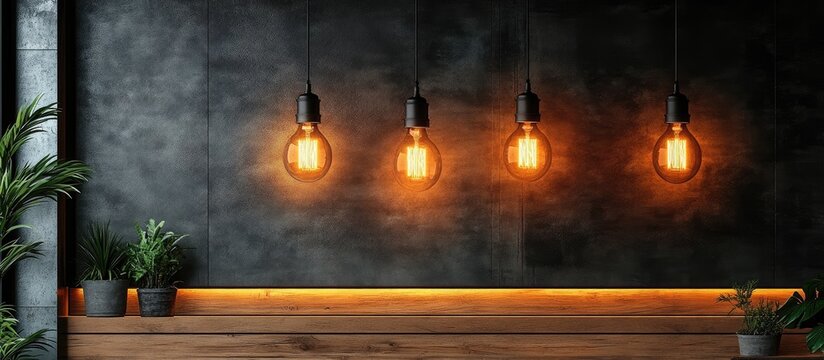 Stylish modern apartment interior with retro hanging light bulbs and wooden accents in a dark classical design setting