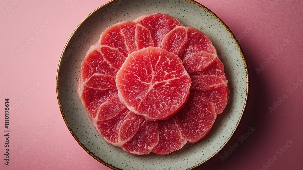 Aufkleber sliced raw meat arranged artistically on a plate viewed from above against a soft pink background
