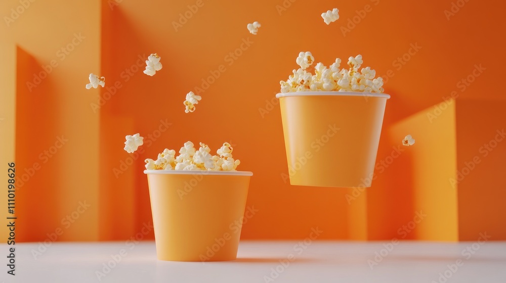 Poster Popcorn bursts from vibrant containers creating a dynamic and playful scene on an orange background with floating popcorn kernels