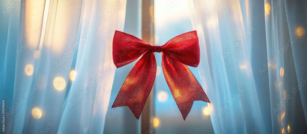 Poster red bow on sheer white curtain with softly blurred background lights creating a dreamy vignette effe